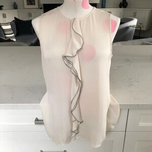 Classiques Entier Sleeveless Round Neck Silk Top w Frill Detail Cream + Blk Sz S